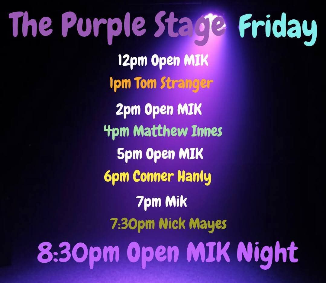 The Purple Stage Friday schedule poster.