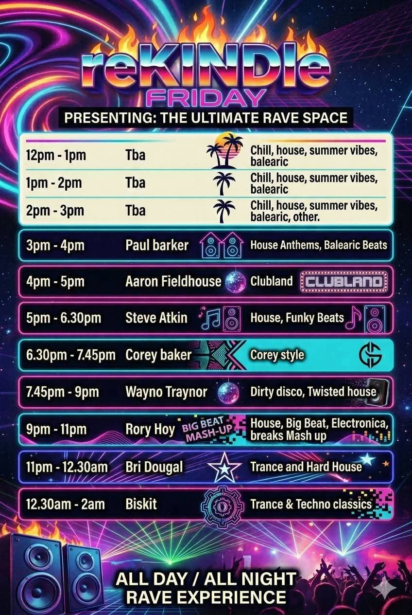 ReKINDle Friday Rave Space schedule poster.