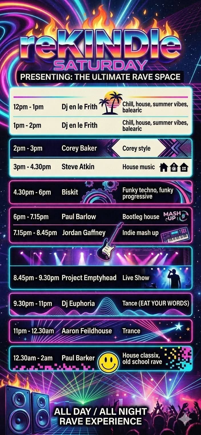 ReKINDle Saturday Rave Space schedule poster.